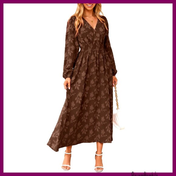 Boho Floral Maxi Dress Long Sleeve Empire Waist V Neck Formal Wedding Guest